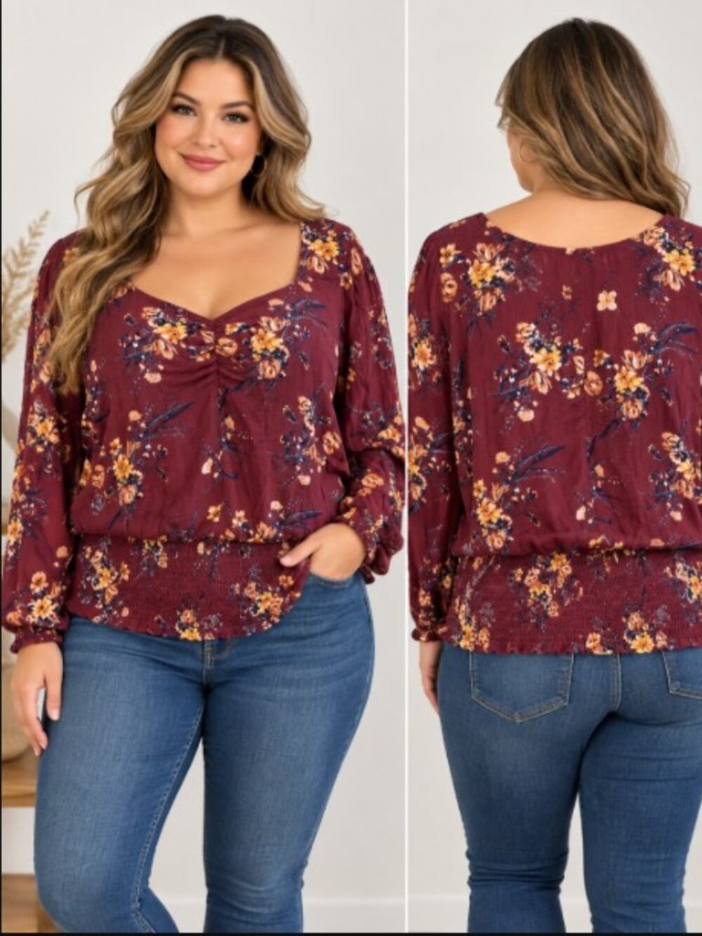 Maurices Womens 2X Burgundy Floral Smocked Peasant Blouse Long Sleeve Boho Rayon